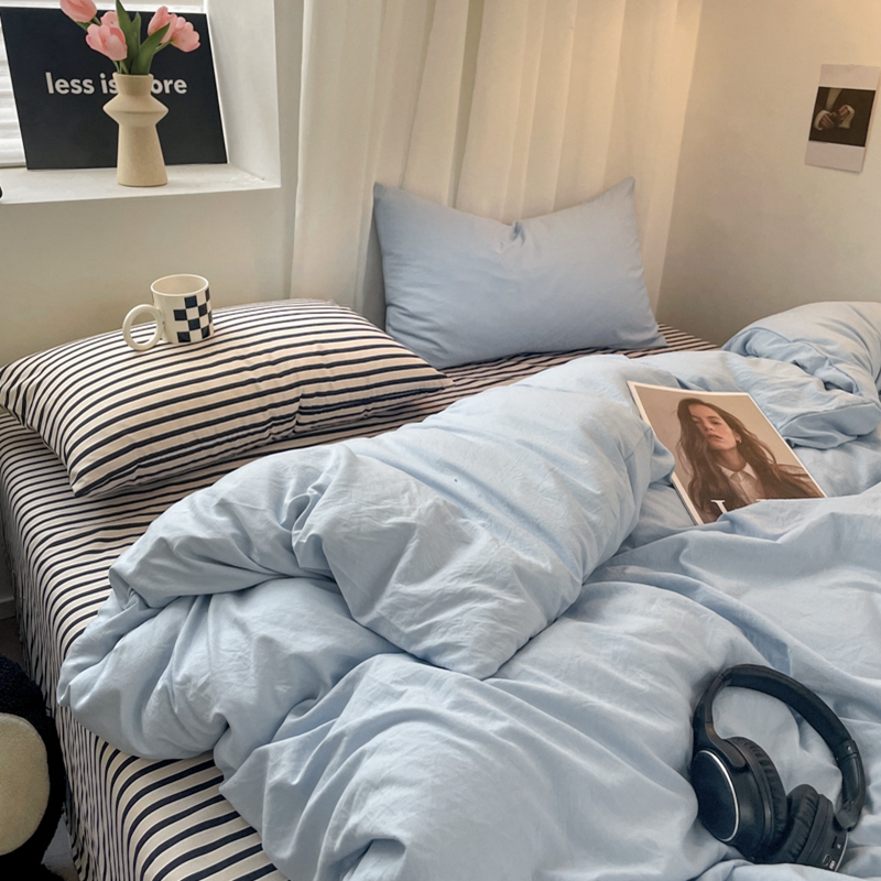 91家纺网 家纺一手货源 找家纺 耀达家居 2024新款ins 纯色双拼条纹水洗棉四件套 海盐蓝