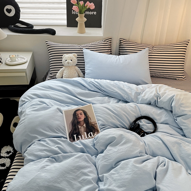 91家纺网 家纺一手货源 找家纺 耀达家居 2024新款ins 纯色双拼条纹水洗棉四件套 海盐蓝