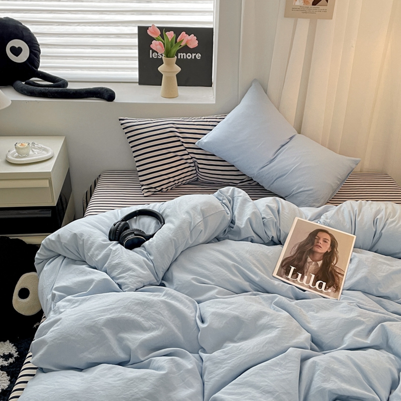 91家纺网 家纺一手货源 找家纺 耀达家居 2024新款ins 纯色双拼条纹水洗棉四件套 海盐蓝