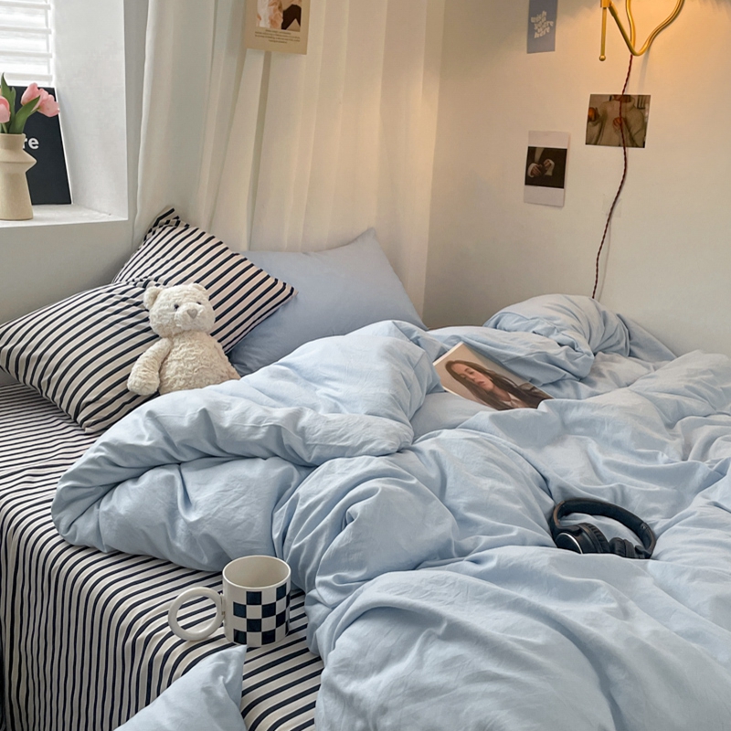 91家纺网 家纺一手货源 找家纺 耀达家居 2024新款ins 纯色双拼条纹水洗棉四件套 海盐蓝