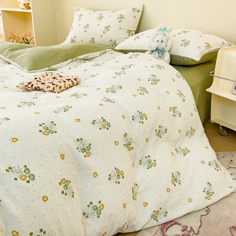 91家纺网 家纺一手货源 找家纺 木楌  2025新款全棉A类皱皱纱印花四件套 小南国