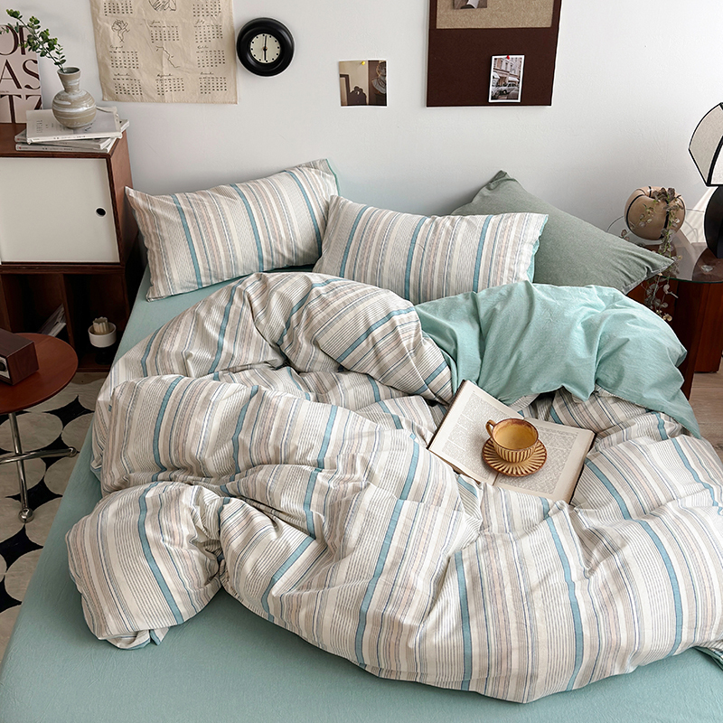 91家纺网 家纺一手货源 找家纺 水洗的故事 2024新款A类无印良品AB版全棉色织水洗棉四件套 参青-绿