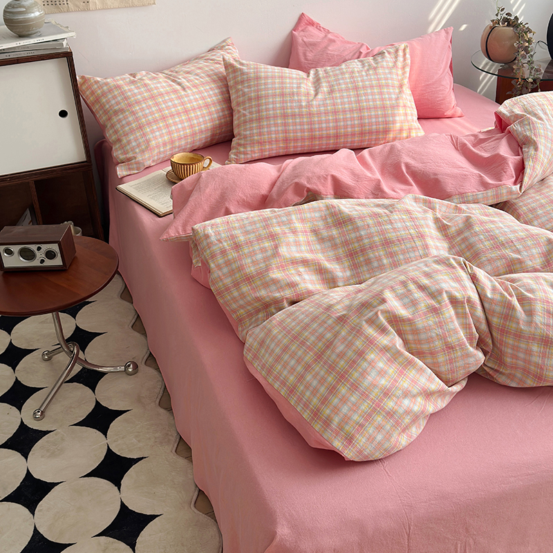 91家纺网 家纺一手货源 找家纺 水洗的故事 2024新款A类无印良品AB版全棉色织水洗棉四件套 桃夭