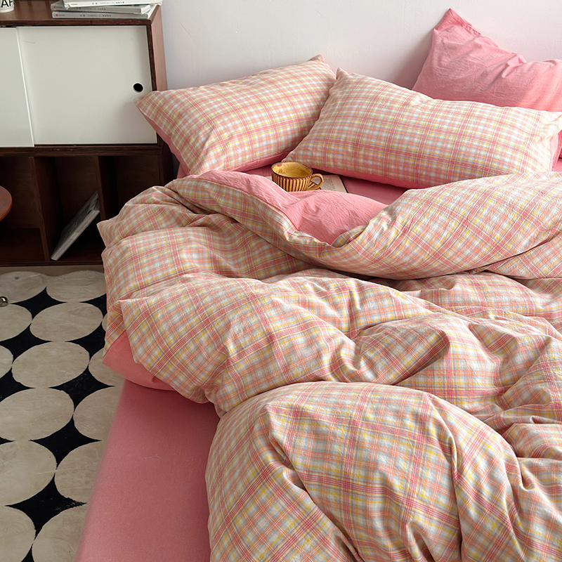 91家纺网 家纺一手货源 找家纺 水洗的故事 2024新款A类无印良品AB版全棉色织水洗棉四件套 桃夭