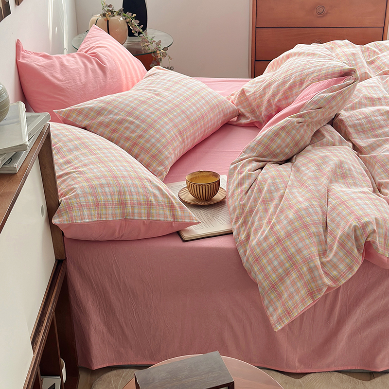 91家纺网 家纺一手货源 找家纺 水洗的故事 2024新款A类无印良品AB版全棉色织水洗棉四件套 桃夭