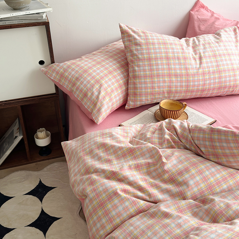 91家纺网 家纺一手货源 找家纺 水洗的故事 2024新款A类无印良品AB版全棉色织水洗棉四件套 桃夭