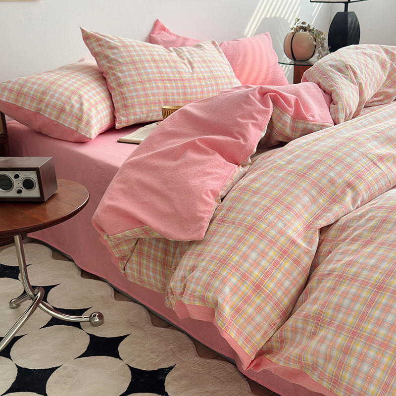 91家纺网 家纺一手货源 找家纺 水洗的故事 2024新款A类无印良品AB版全棉色织水洗棉四件套 桃夭