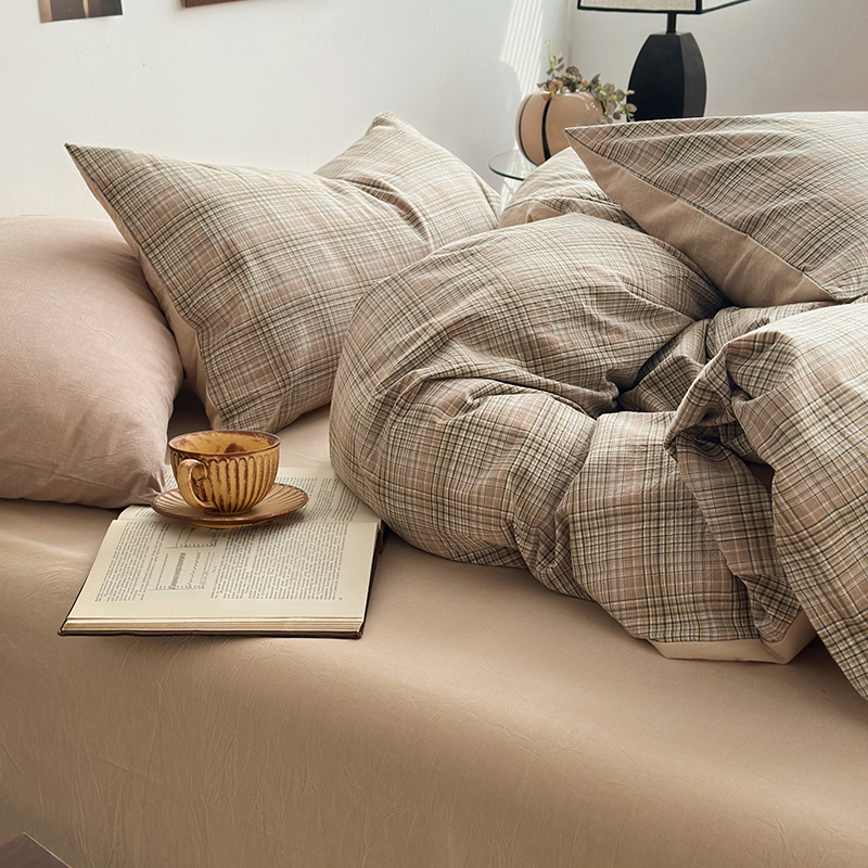 91家纺网 家纺一手货源 找家纺 水洗的故事 2024新款A类无印良品AB版全棉色织水洗棉四件套 仙米格-棕