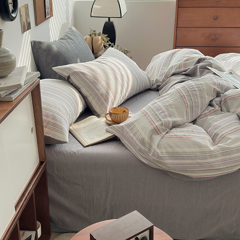 91家纺网 家纺一手货源 找家纺 水洗的故事 2024新款A类无印良品AB版全棉色织水洗棉四件套 参青-灰