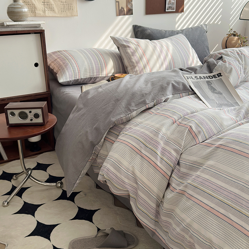 91家纺网 家纺一手货源 找家纺 水洗的故事 2024新款A类无印良品AB版全棉色织水洗棉四件套 参青-灰