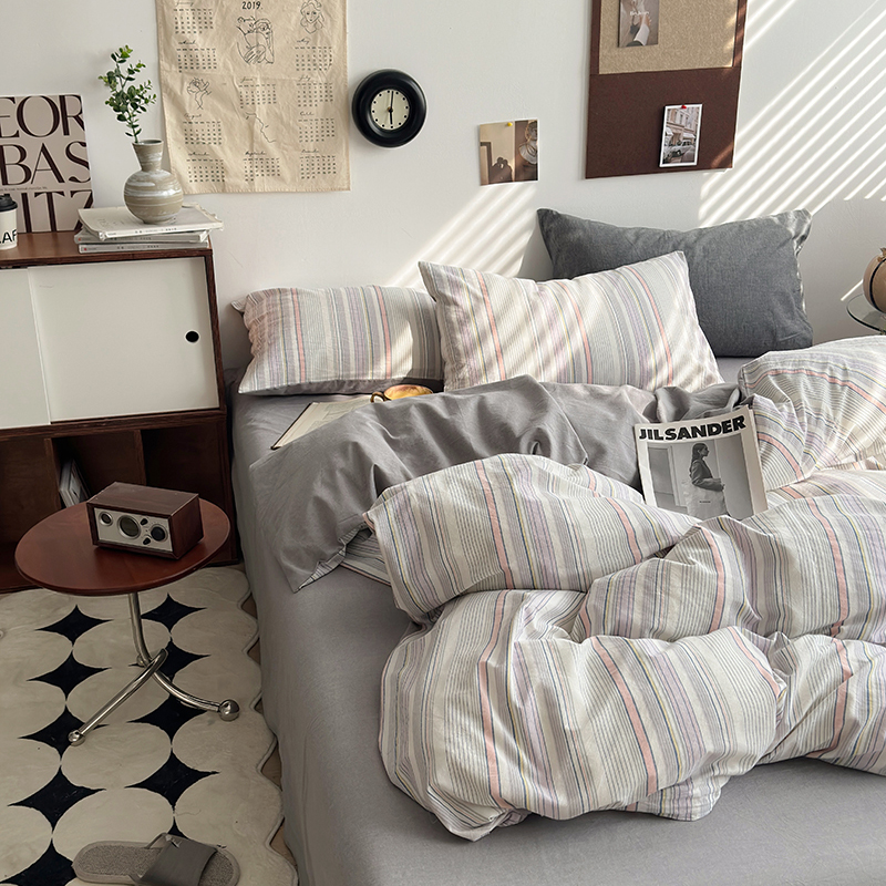 91家纺网 家纺一手货源 找家纺 水洗的故事 2024新款A类无印良品AB版全棉色织水洗棉四件套 参青-灰