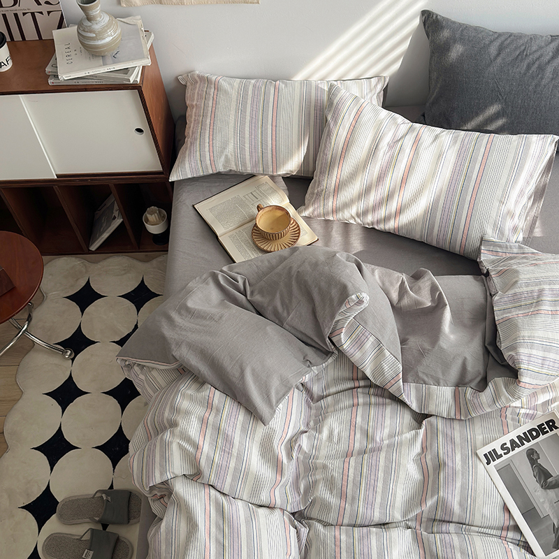 91家纺网 家纺一手货源 找家纺 水洗的故事 2024新款A类无印良品AB版全棉色织水洗棉四件套 参青-灰