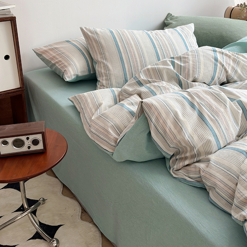 91家纺网 家纺一手货源 找家纺 水洗的故事 2024新款A类无印良品AB版全棉色织水洗棉四件套 参青-绿