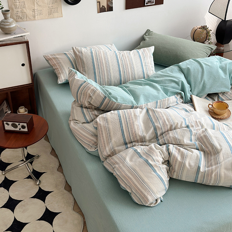 91家纺网 家纺一手货源 找家纺 水洗的故事 2024新款A类无印良品AB版全棉色织水洗棉四件套 参青-绿