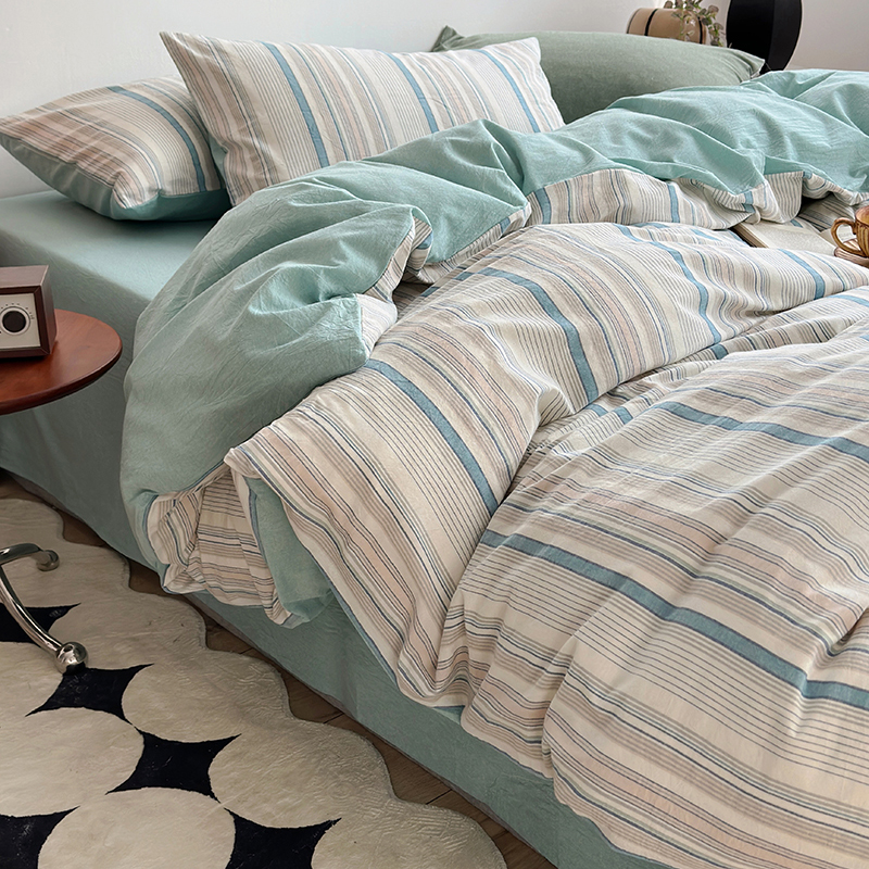 91家纺网 家纺一手货源 找家纺 水洗的故事 2024新款A类无印良品AB版全棉色织水洗棉四件套 参青-绿