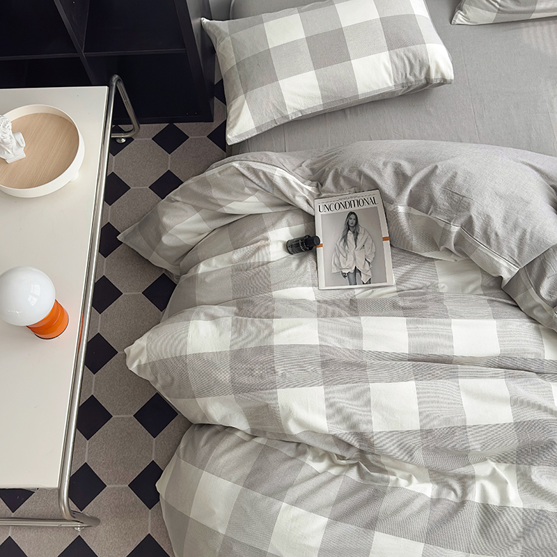 91家纺网 家纺一手货源 找家纺 水洗的故事 2024新款A类无印良品AB版全棉色织水洗棉四件套 椰灰大格