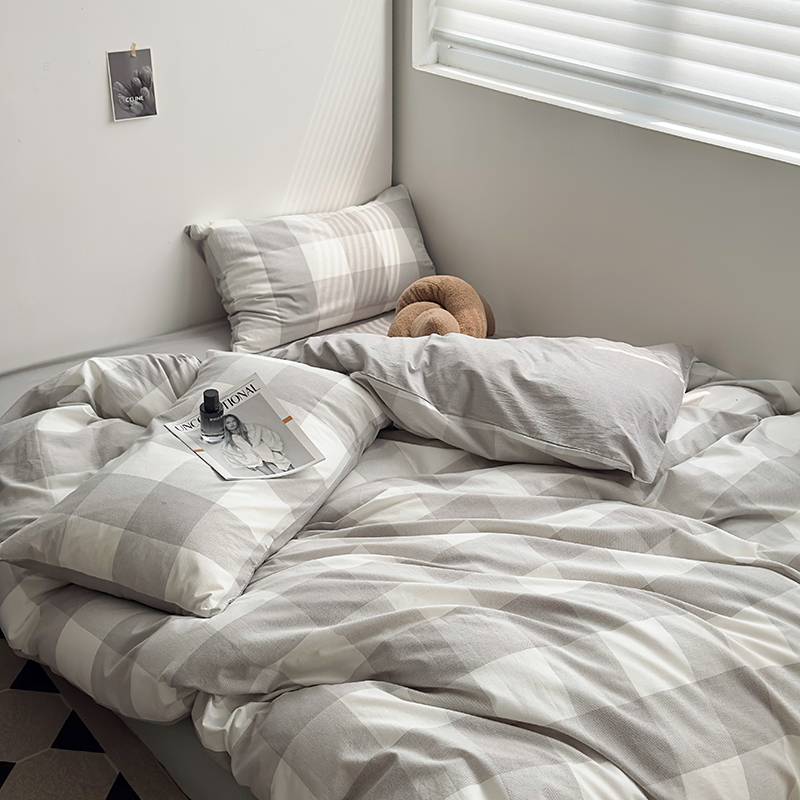 91家纺网 家纺一手货源 找家纺 水洗的故事 2024新款A类无印良品AB版全棉色织水洗棉四件套 椰灰大格