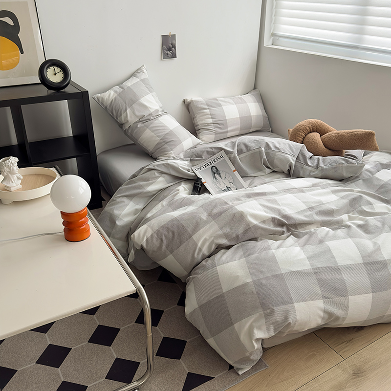 91家纺网 家纺一手货源 找家纺 水洗的故事 2024新款A类无印良品AB版全棉色织水洗棉四件套 椰灰大格