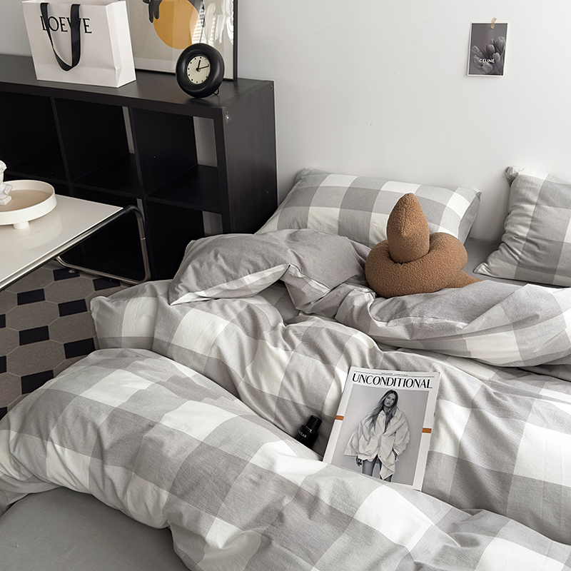 91家纺网 家纺一手货源 找家纺 水洗的故事 2024新款A类无印良品AB版全棉色织水洗棉四件套 椰灰大格