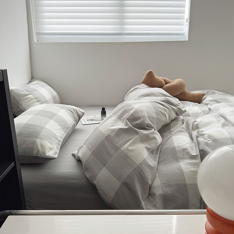 91家纺网 家纺一手货源 找家纺 水洗的故事 2024新款A类无印良品AB版全棉色织水洗棉四件套 椰灰大格