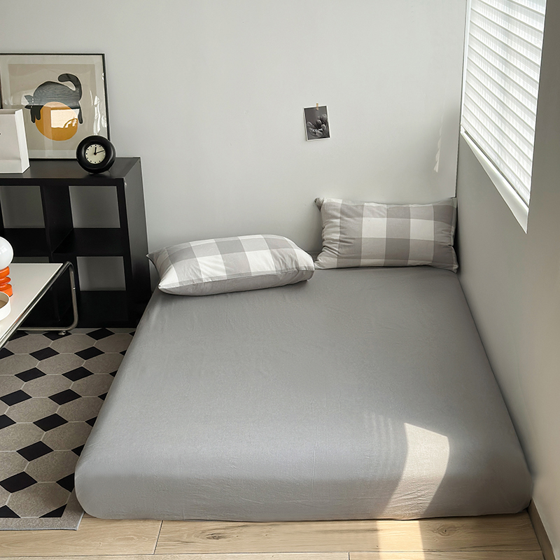 水洗的故事 2024新款A类无印良品AB版全棉色织水洗棉四件套 椰灰大格