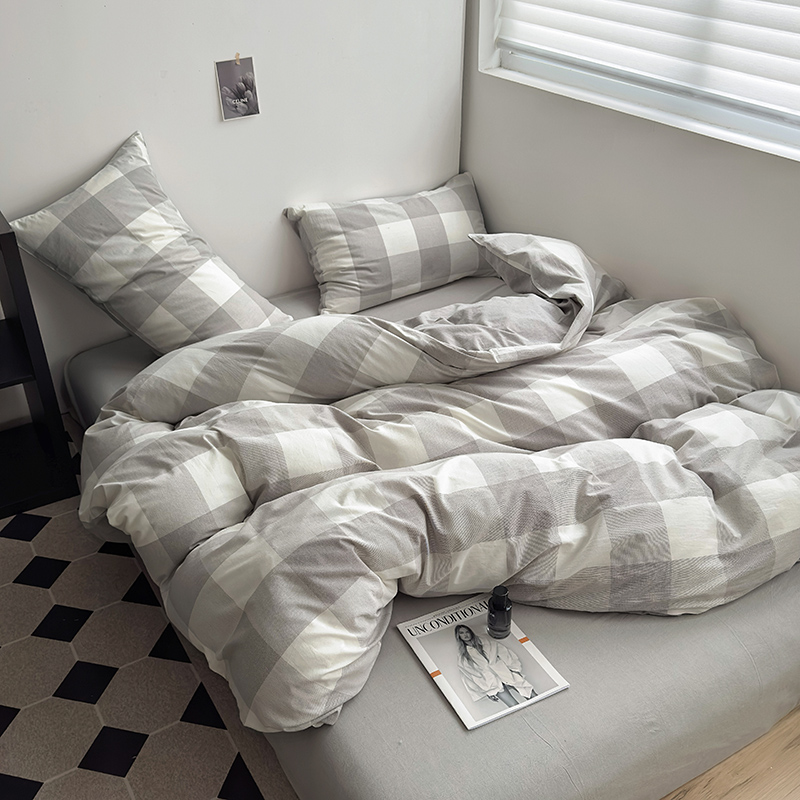 91家纺网 家纺一手货源 找家纺 水洗的故事 2024新款A类无印良品AB版全棉色织水洗棉四件套 椰灰大格