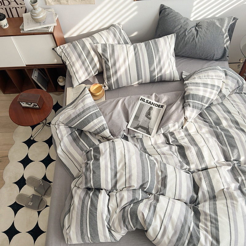 91家纺网 家纺一手货源 找家纺 水洗的故事 2024新款A类无印良品AB版全棉色织水洗棉四件套 棕条烟灰