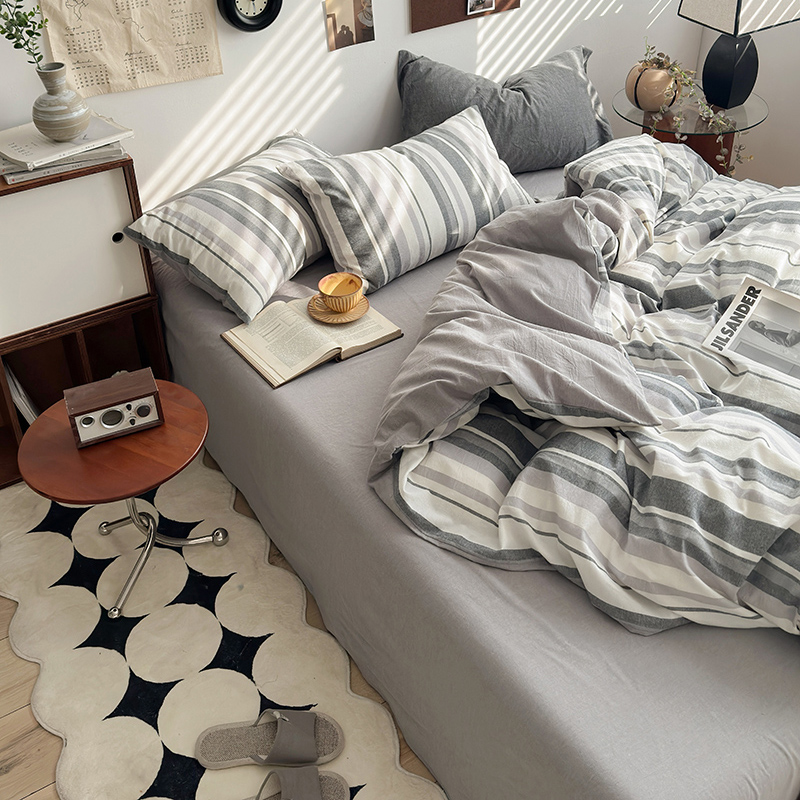 91家纺网 家纺一手货源 找家纺 水洗的故事 2024新款A类无印良品AB版全棉色织水洗棉四件套 棕条烟灰