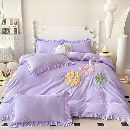 91家纺网 家纺一手货源 找家纺 2025新款水洗棉立体刺绣四件套贴布绣花卉双层纱棉麻泡泡纱泡泡棉小竺棉四件套公主风