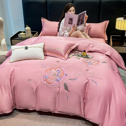 91家纺网 家纺一手货源 找家纺 （总）（总）2024苏米娜ins风纯棉天丝刺绣四件套纯色织水洗棉真丝长绒棉全棉夏被套