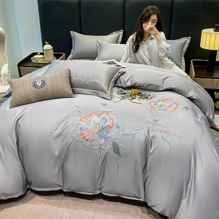 91家纺网 家纺一手货源 找家纺 （总）（总）2024苏米娜ins风纯棉天丝刺绣四件套纯色织水洗棉真丝长绒棉全棉夏被套