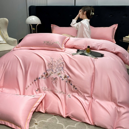 91家纺网 家纺一手货源 找家纺 （总）（总）2024苏米娜ins风纯棉天丝刺绣四件套纯色织水洗棉真丝长绒棉全棉夏被套