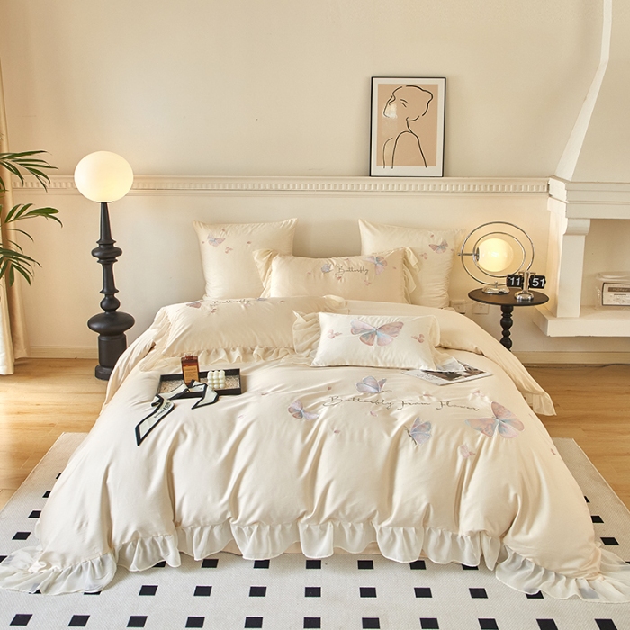 91家纺网 家纺一手货源 找家纺 【2024】100支100S全棉皇妃缎法式四件套长绒棉直播爆款 彩蝶曼舞白