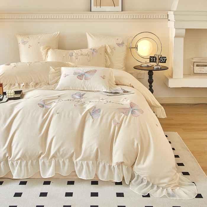 91家纺网 家纺一手货源 找家纺 【2024】100支100S全棉皇妃缎法式四件套长绒棉直播爆款 彩蝶曼舞白