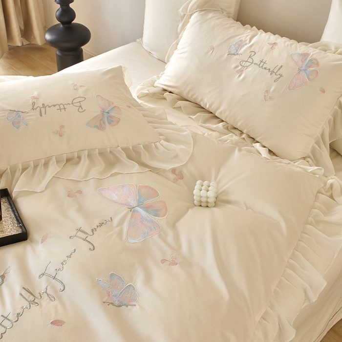 91家纺网 家纺一手货源 找家纺 【2024】100支100S全棉皇妃缎法式四件套长绒棉直播爆款 彩蝶曼舞白