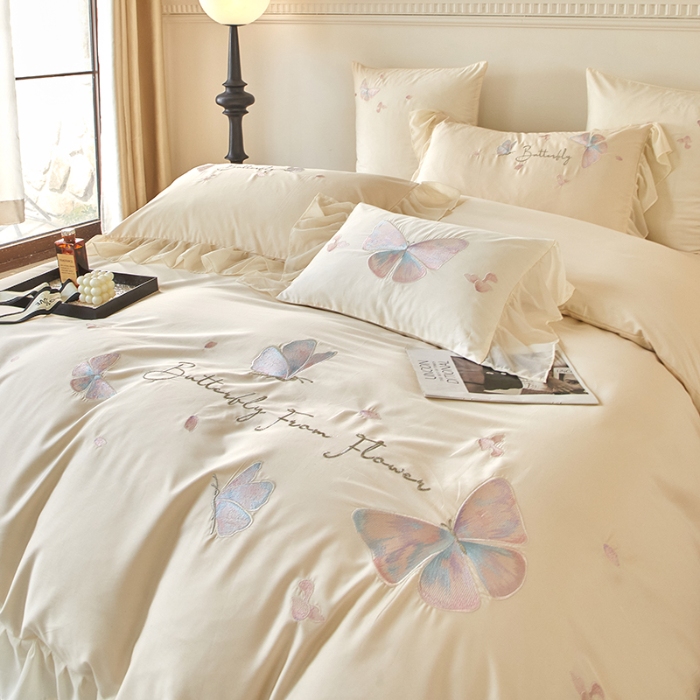 91家纺网 家纺一手货源 找家纺 【2024】100支100S全棉皇妃缎法式四件套长绒棉直播爆款 彩蝶曼舞白