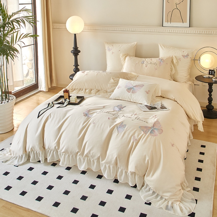 91家纺网 家纺一手货源 找家纺 【2024】100支100S全棉皇妃缎法式四件套长绒棉直播爆款 彩蝶曼舞白