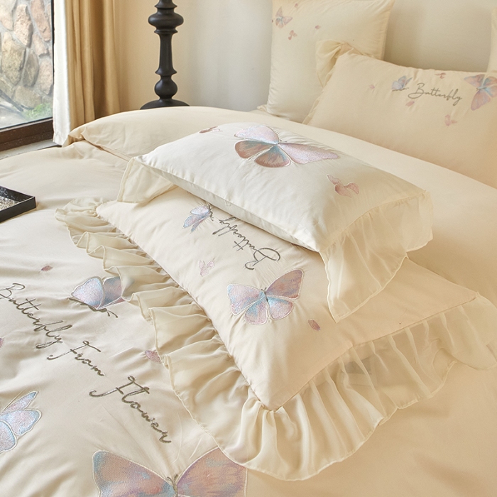 91家纺网 家纺一手货源 找家纺 【2024】100支100S全棉皇妃缎法式四件套长绒棉直播爆款 彩蝶曼舞白