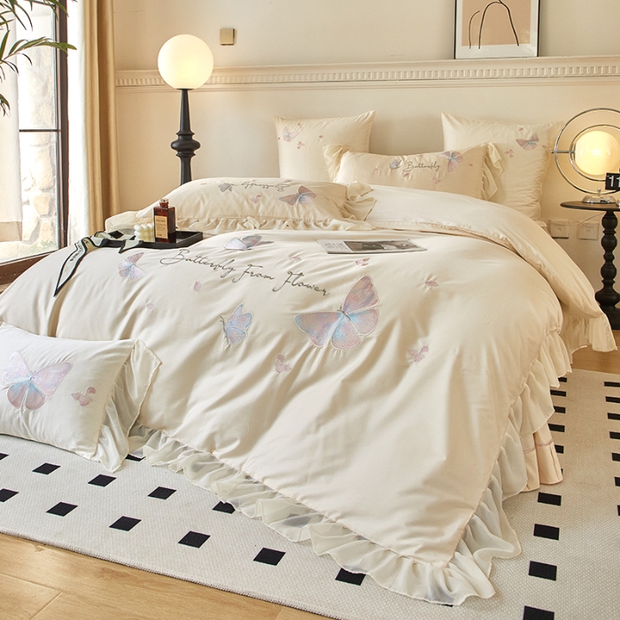 91家纺网 家纺一手货源 找家纺 【2024】100支100S全棉皇妃缎法式四件套长绒棉直播爆款 彩蝶曼舞白