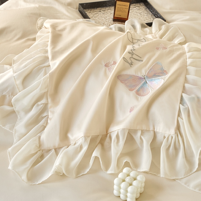 91家纺网 家纺一手货源 找家纺 【2024】100支100S全棉皇妃缎法式四件套长绒棉直播爆款 彩蝶曼舞白