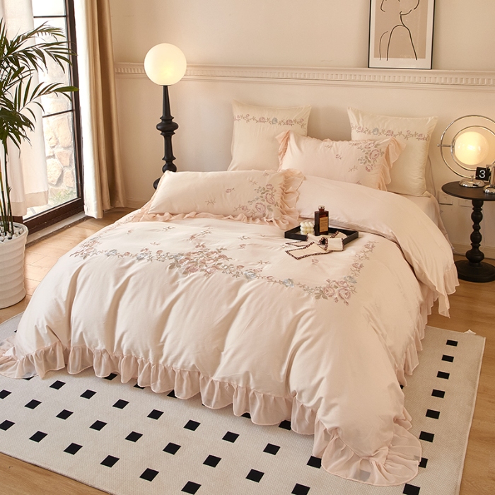 91家纺网 家纺一手货源 找家纺 【2024】100支100S全棉皇妃缎法式四件套长绒棉直播爆款 花海盛典玉