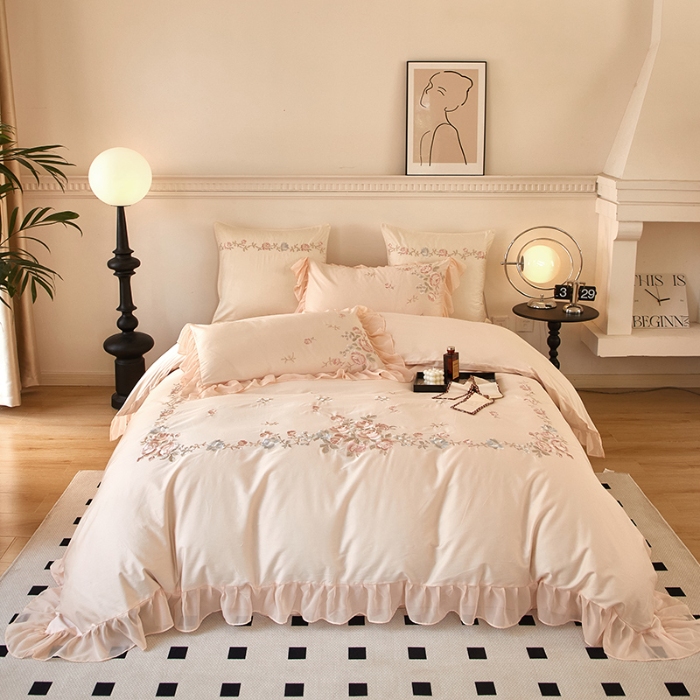 91家纺网 家纺一手货源 找家纺 【2024】100支100S全棉皇妃缎法式四件套长绒棉直播爆款 花海盛典玉