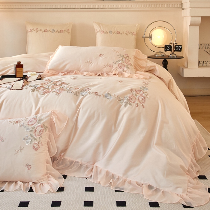 91家纺网 家纺一手货源 找家纺 【2024】100支100S全棉皇妃缎法式四件套长绒棉直播爆款 花海盛典玉