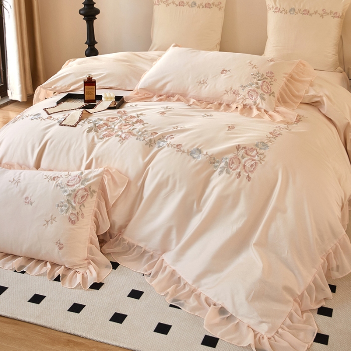 91家纺网 家纺一手货源 找家纺 【2024】100支100S全棉皇妃缎法式四件套长绒棉直播爆款 花海盛典玉