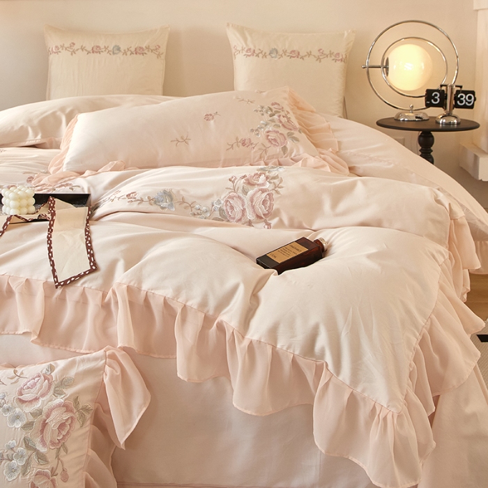 91家纺网 家纺一手货源 找家纺 【2024】100支100S全棉皇妃缎法式四件套长绒棉直播爆款 花海盛典玉