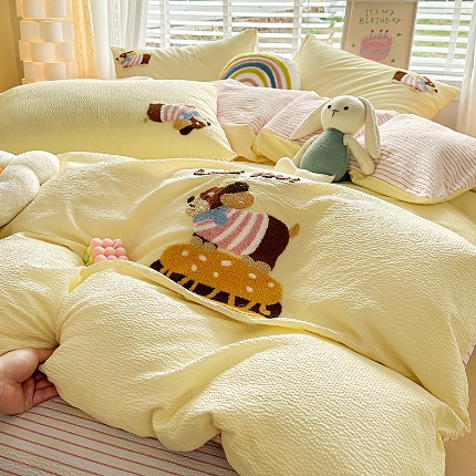 91家纺网 家纺一手货源 找家纺 2024春夏新款泡泡棉四件套泡泡棉刺绣花四件套水洗棉四件套A类母婴级小清新