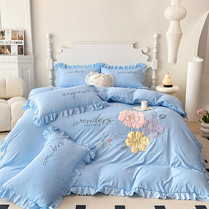 91家纺网 家纺一手货源 找家纺 （总）2025新款水洗棉立体刺绣四件套贴布绣花卉双层纱棉麻泡泡纱泡泡棉小竺棉四件套公主风