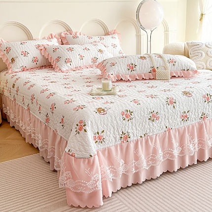 91家纺网 家纺一手货源 找家纺 2025春夏A类母婴级小清新印花夹棉泡泡棉床盖三件套纯棉全棉双层纱棉麻床盖三件套