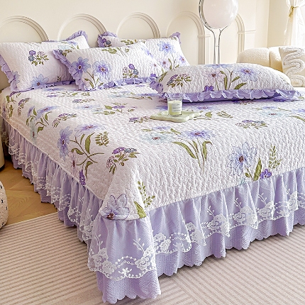 91家纺网 家纺一手货源 找家纺 2025春夏A类母婴级小清新印花夹棉泡泡棉床盖三件套纯棉全棉双层纱棉麻床盖三件套