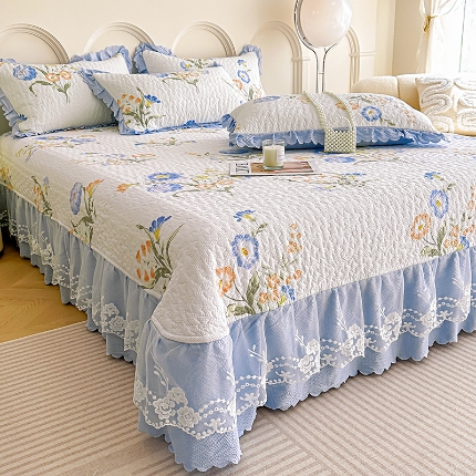 91家纺网 家纺一手货源 找家纺 2025春夏A类母婴级小清新印花夹棉泡泡棉床盖三件套纯棉全棉双层纱棉麻床盖三件套